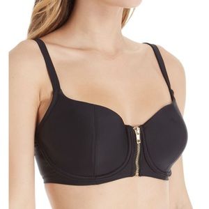 Pour Moi? Longline Black bikini top w gold front zip closure 34FF UK; 34H US